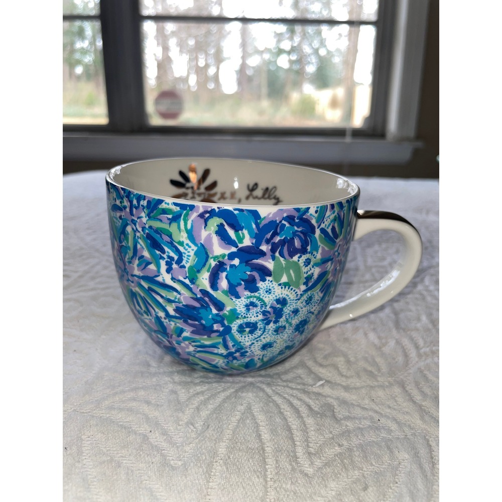 Lilly Pulitzer Floral Ceramic Coffee Mug Blue Purple Green Gold Handle‎ 12oz